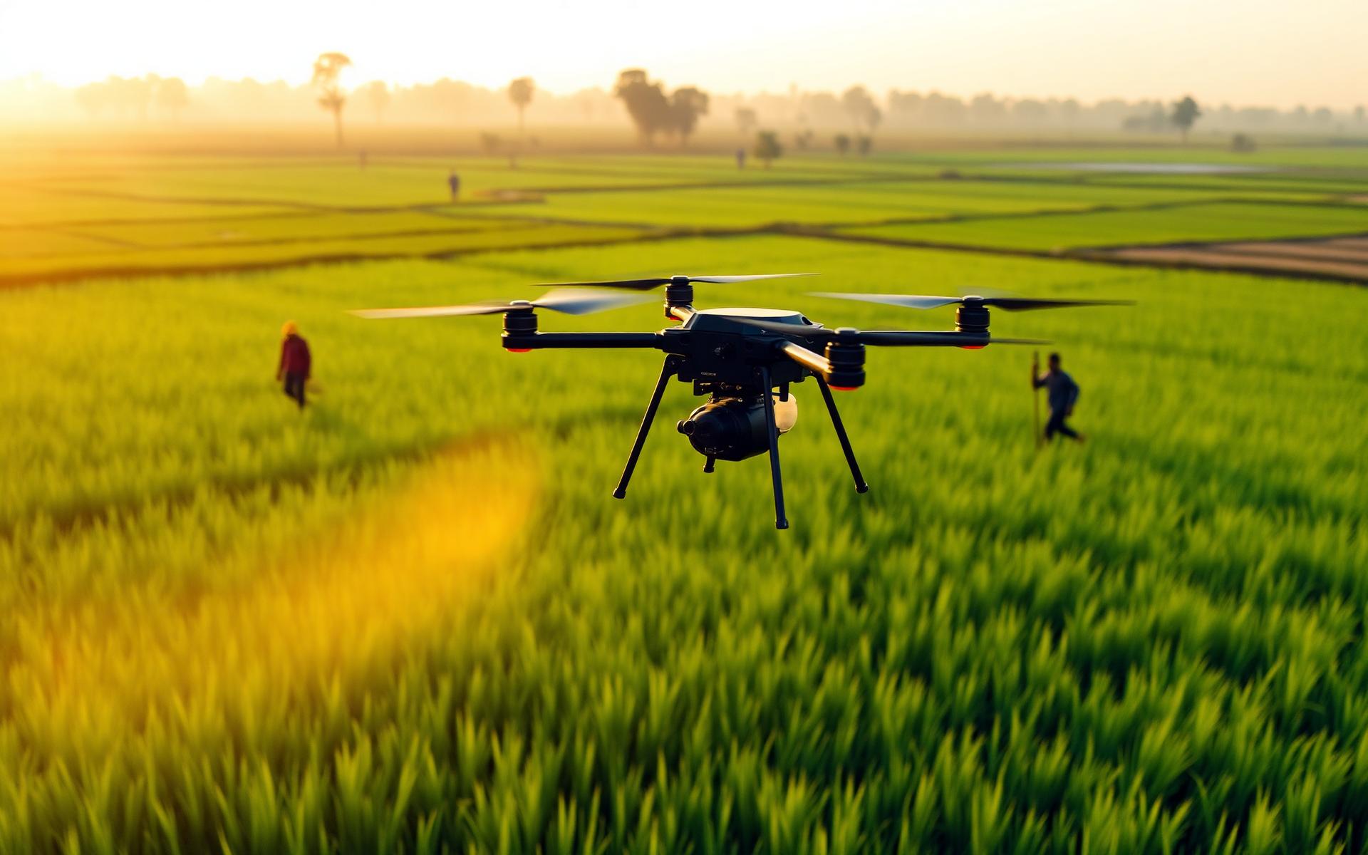 Spray drone over Bihar paddy fields at sunrise